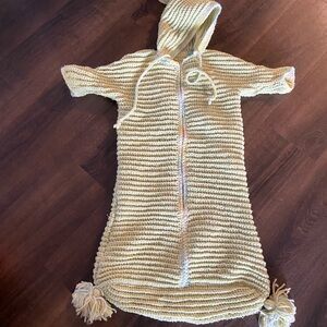 Vintage Handmade Crochet Baby Bunting Hooded Light Green Pom Pom 0-12M